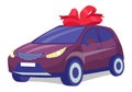 Cherry color car on white background. Business sedan with gift bow-knot. Automobile front view