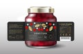 Cherry confiture. Sweet food. Black label with red berries, gold leaves and small flowers.