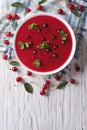 Cherry cream soup with mint. vertical top view