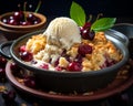 cherry crumble with ice cream and cherries on a wooden table Royalty Free Stock Photo