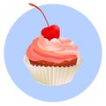 Cherry cupcake. Pink creamy glossy cake illustration.