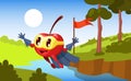 Cherry defender, superhero character in colorful suit and armband, with flag in hand, flying over forest and river. Bright summer Royalty Free Stock Photo
