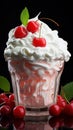 Glistening cherries on a bed of whipped cream, with a mint accent. AI generation