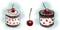 Color illustration of a chocolate and cream cakes and cherrys.The cherry dessert