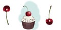 Color illustration of a muffin and cherrys.The cherry dessert