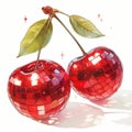 Cherry disco mirror ball. Funky groovy illustration. Isolated on white background. Y2K aesthetic retro poster design