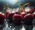 Cherry with drops of water on a dark background