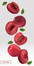 Cherry falling from different angles. Flying cherry with green leaf on transparent background. 3D realistic cherry