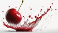 Cherry, falling, in a red liquid, on a white background.