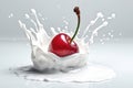 Cherry Falling Into Yogurt On White Background. Generative AI