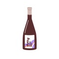 Cherry flavored juice in glass bottle. Refreshing sweet drink. Juicy beverage with berry taste. Summer refreshment