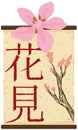 Cherry Flower and Ancient Hanging Scroll for Hanami Festival Event, Vector Illustration