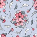 Cherry flower seamless pattern. Watercolour female endless background for fabric, wrapping paper. Hand drawn vector