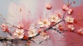 Cherry flowers with rough brush strokes, oil painting texture background, wild plants on white pink canvas. Theme of art, Royalty Free Stock Photo