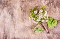 Cherry flowers on wooden background. Origami paper heart. Gift box Royalty Free Stock Photo