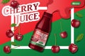 Cherry fresh juice advertising. Juice container package ad isolated. 3d realistic ripe cherry Vector illustration for