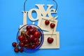 Cherry fresh on a plate love blue background