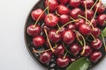 Cherry freshness Plate of sweet cherries with water droplets, tempting