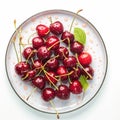Cherry freshness Plate of sweet cherries with water droplets, tempting