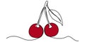 Cherry fruit in continious line art drawing style. Minimalist black line sketch on white background. Vector illustration