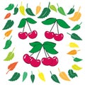 Cherry fruit vector. Red berry pair. Green leaf border. Seasonal symbol frame. Royalty Free Stock Photo