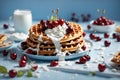 Cherry fruit waffles with cream on pastel blue background. ai generative