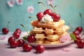Cherry fruit waffles with cream on pastel colored background