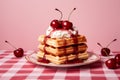 Cherry fruit waffles with cream on pastel colored background