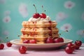 Cherry fruit waffles with cream on pastel colored background