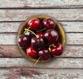 Cherry fruit in wooden bowl. Cherries with copy space for text. Top view. Background of cherries. Royalty Free Stock Photo