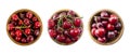 Cherry fruits with bowl on a white. Set of cherries. Fresh red cherries lay on white isolated background with copy space. Backgrou