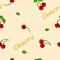 Cherry fruits in light yellow seamless Background