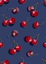 Cherry fruits seamless pattern on navy blue background, Fresh organic food, Red fruits berry pattern.