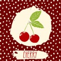 Cherry hand drawn sketched fruit with leaf on background with dots pattern. Doodle vector cherry for logo, label, brand identity