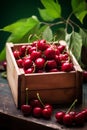 Cherry harvest in a box in the garden. Selective focus.