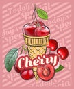 Cherry ice cream scoop in cones. Vector sketch illustration. Fruit ice cream idea, concept