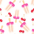 Cherry Ice Cream Seamless Watercolor Pattern