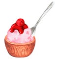 Cherry ice cream with a spoon. Watercolor illustration. Isolated on a white background. For design. Royalty Free Stock Photo