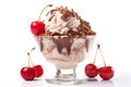 Cherry ice cream sundae with chocolate chinks in a glass bowl, isolated on white background