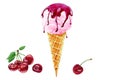 Cherry ice cream in a waffle cone, watercolor Royalty Free Stock Photo