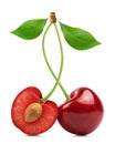 Cherry isolated. Sweet cherry and half cherry with green leaves on a white background. Royalty Free Stock Photo