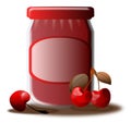 Cherry Jam Jar and Shadow, Food, Red, Isolated. Royalty Free Stock Photo