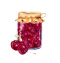 Cherry jam with berries in glass jar with paper cover. Watercolour Royalty Free Stock Photo