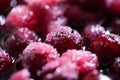 Cherry jam. Close up of simmering homemade cherry jam. Cherry and sugar crystal. Stewed cornel dogwood or cornelian cherry backg