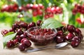 cherry jam and fresh fruits on wooden table in orchard garden Royalty Free Stock Photo