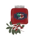 Cherry jam in a glass jar and a cherry on a branch with leaves isolated on white background vector