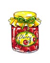 Cherry jam in a glass jar are isolated on a white background. Animation illustrations. Handwork. Markers