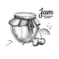 Cherry jam glass jar vector drawing. Fruit Jelly and marmalade.