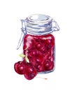 Cherry jam in glass jar whith cherries fruits. Watercolour Royalty Free Stock Photo