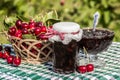 Cherry jam jar on background of basket of cherries and cherry jam